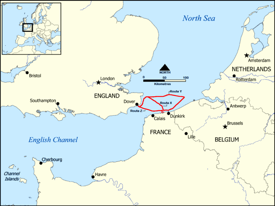 "Dunkirk-Evacuation-shipping routes"-by- Strait_of_Dover_map.png:-User:NormanEinstein- derivative-work:- Diannaa-is-licensed-under-CC-BY-SA-3.0.